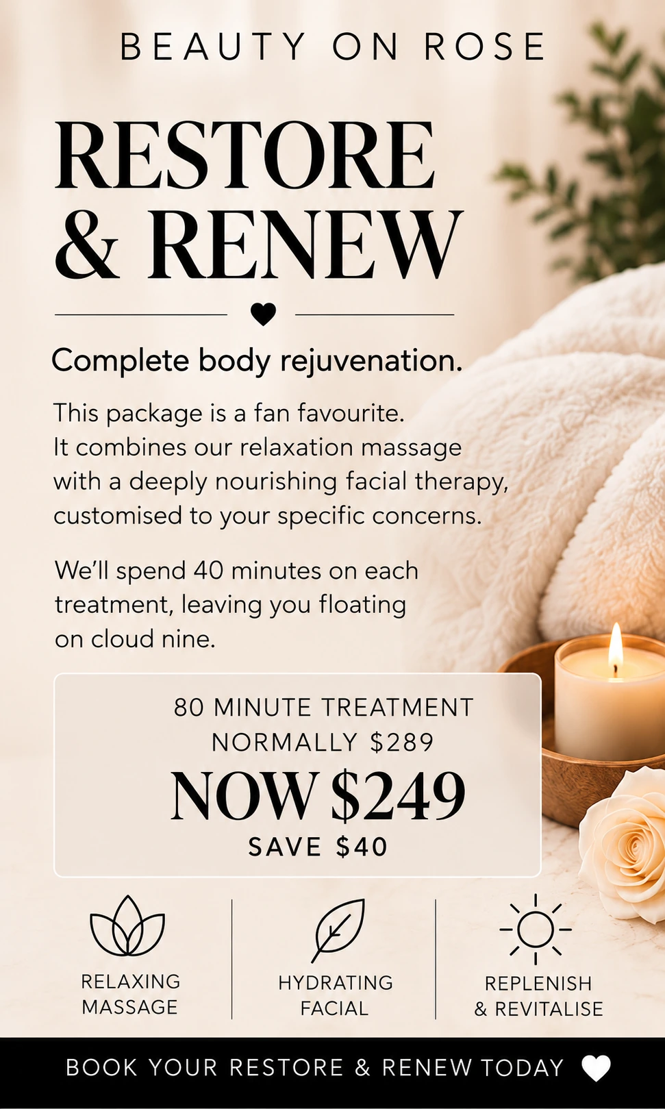 October Restore and Renew body treatment promotion at Beauty On Rose